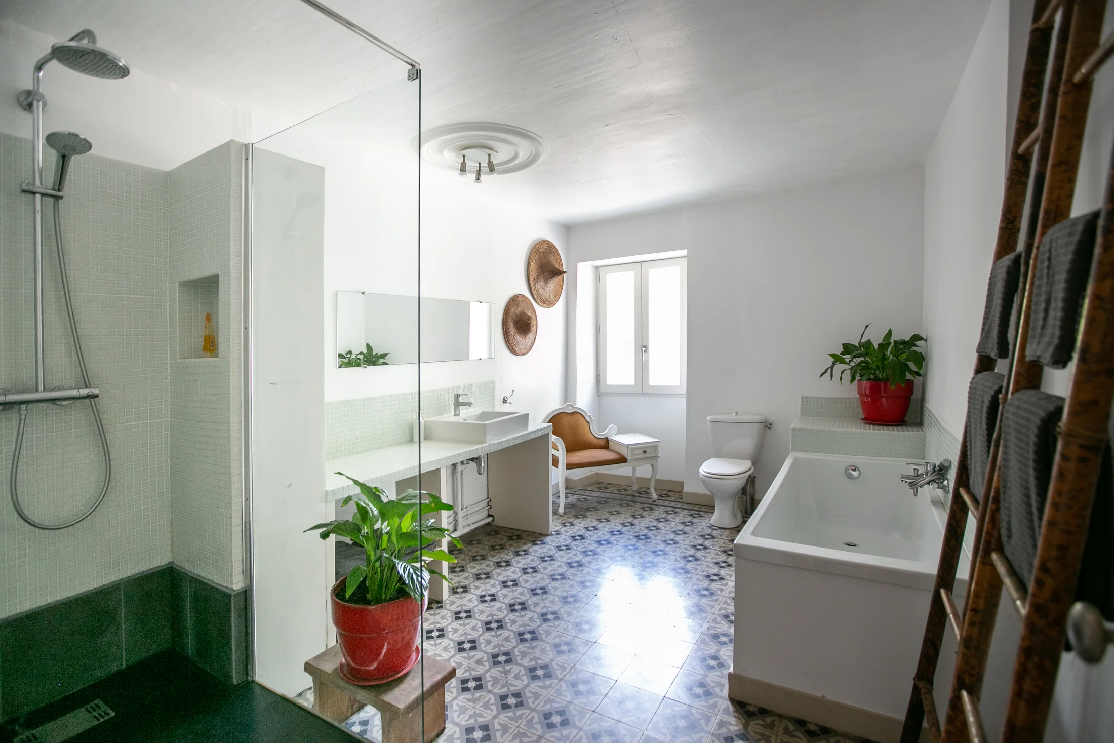 Salle de bains avec baignoire, douche et toilettes